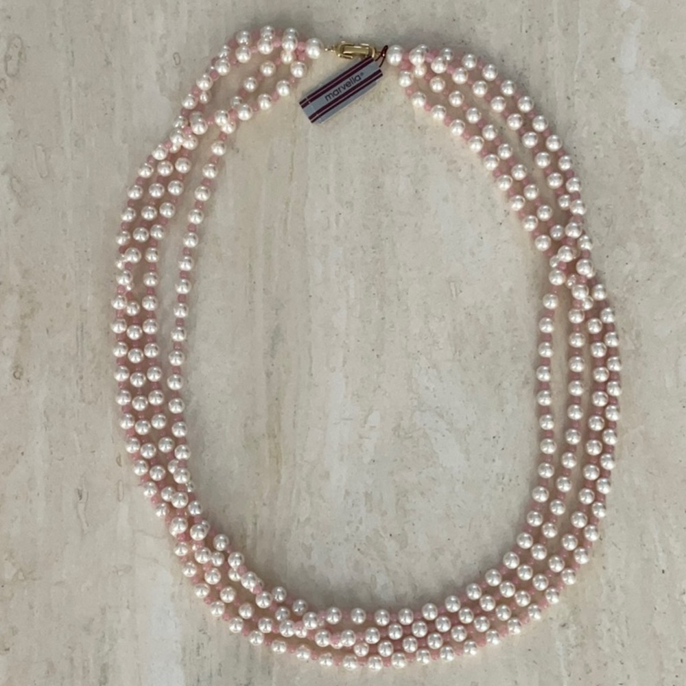 Marvella Pink Pearls & Pink Beads Necklace 1960s 4 Strand Vintage Faux 60s